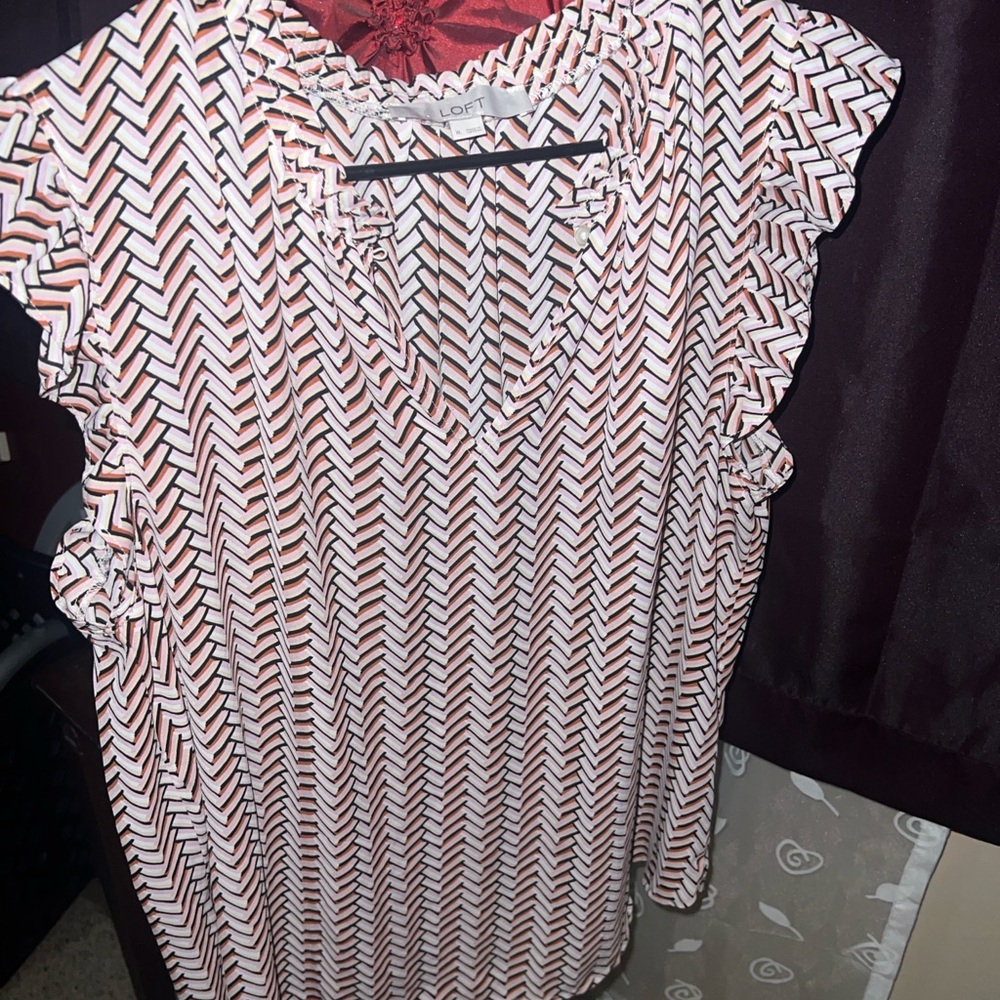 LOFT Pink and White Chevron Ruffle Sleeve Blouse